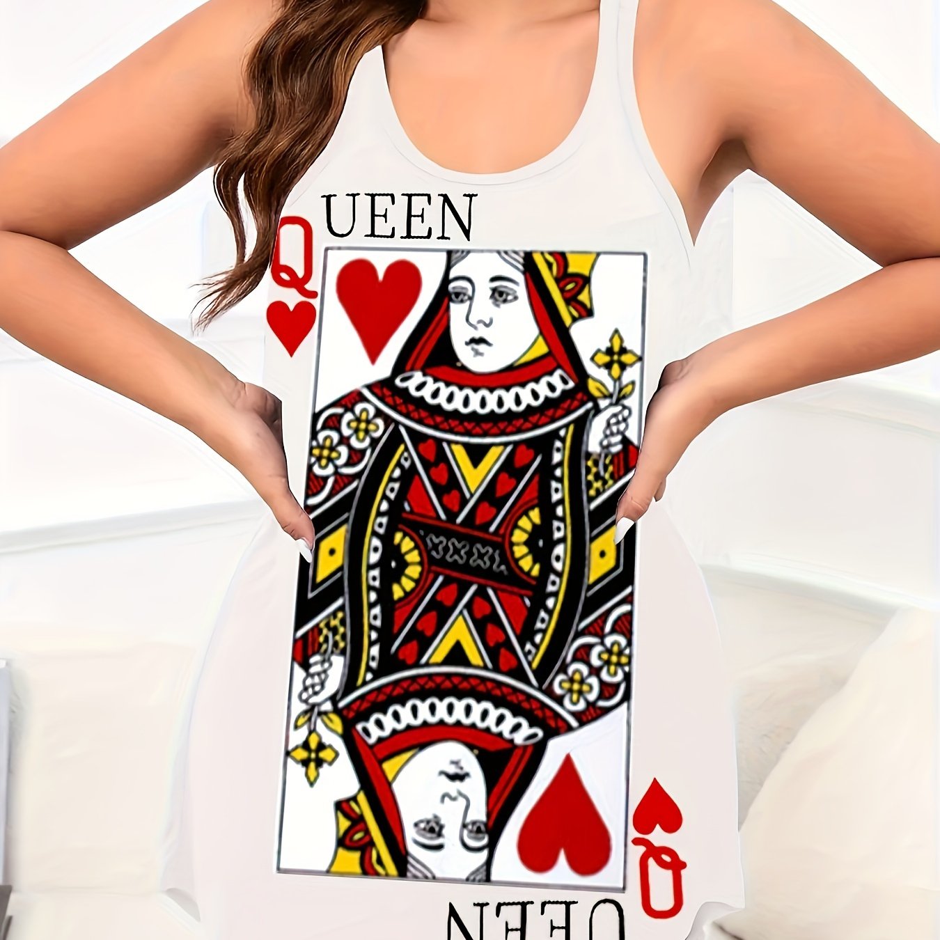 Women's Casual Poker Print Nightgown with Round Neck and Racer Back Tank Style