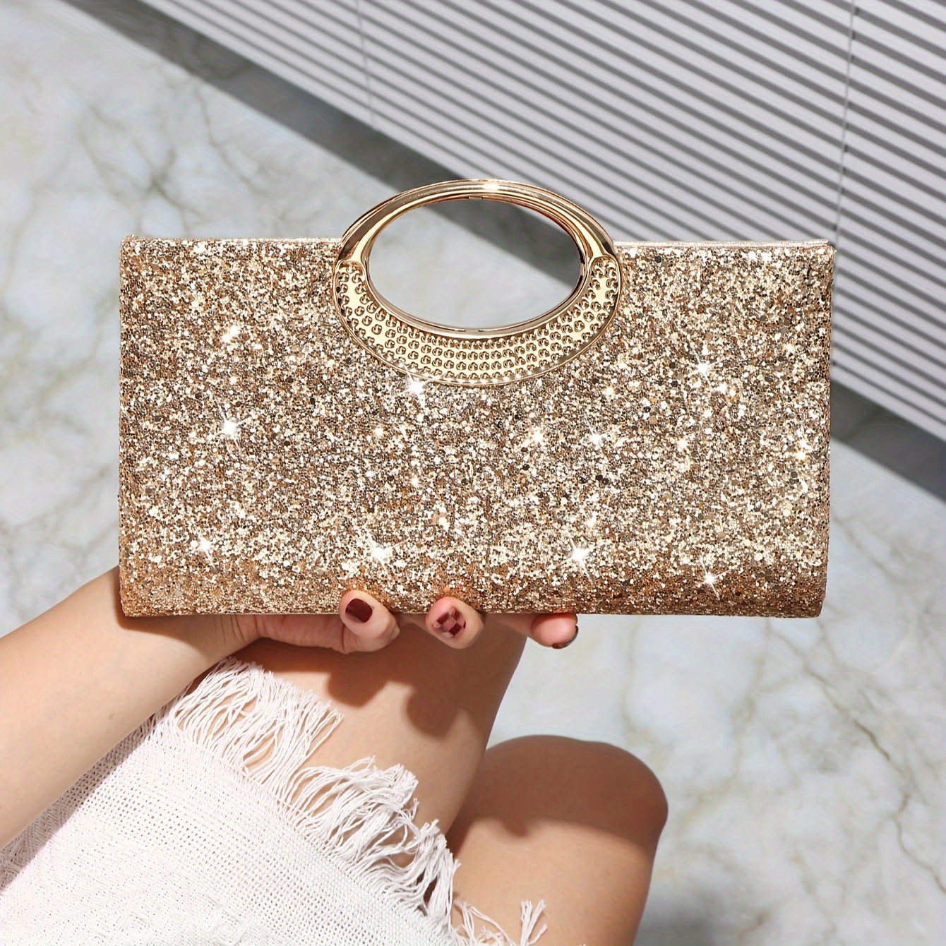 Sequin Evening Handbag Clutch with Golden Accents for Weddings Parties Dances