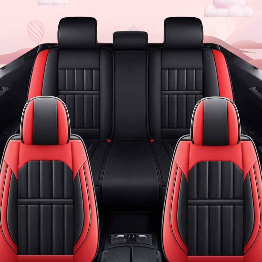 5 o'rindiqli EV avtomobil uchun qora faux charm qo'shimchalari bilan o'rindiq qoplamalari