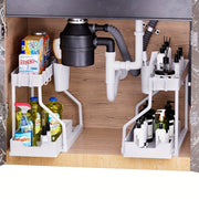 Expandable Under Sink Organizer 2-Tier Pull-Out Storage Rack with Hooks and Hanging Cup for Kitchen Bathroom