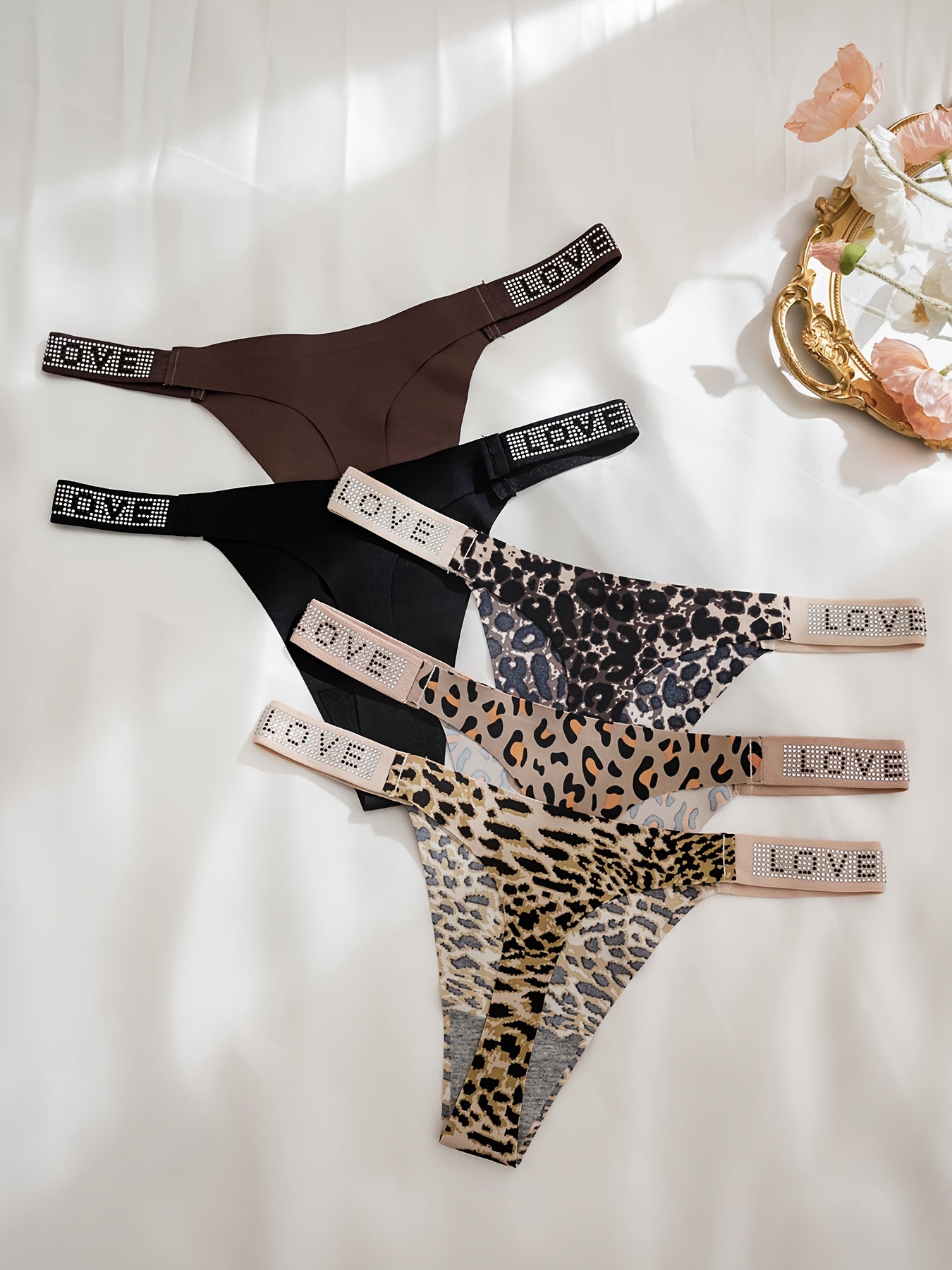 5 dona Rhinestone Leopard Print Pastki Bel Thongs ayollar uchun moslashuvchan ichki kiyimlar