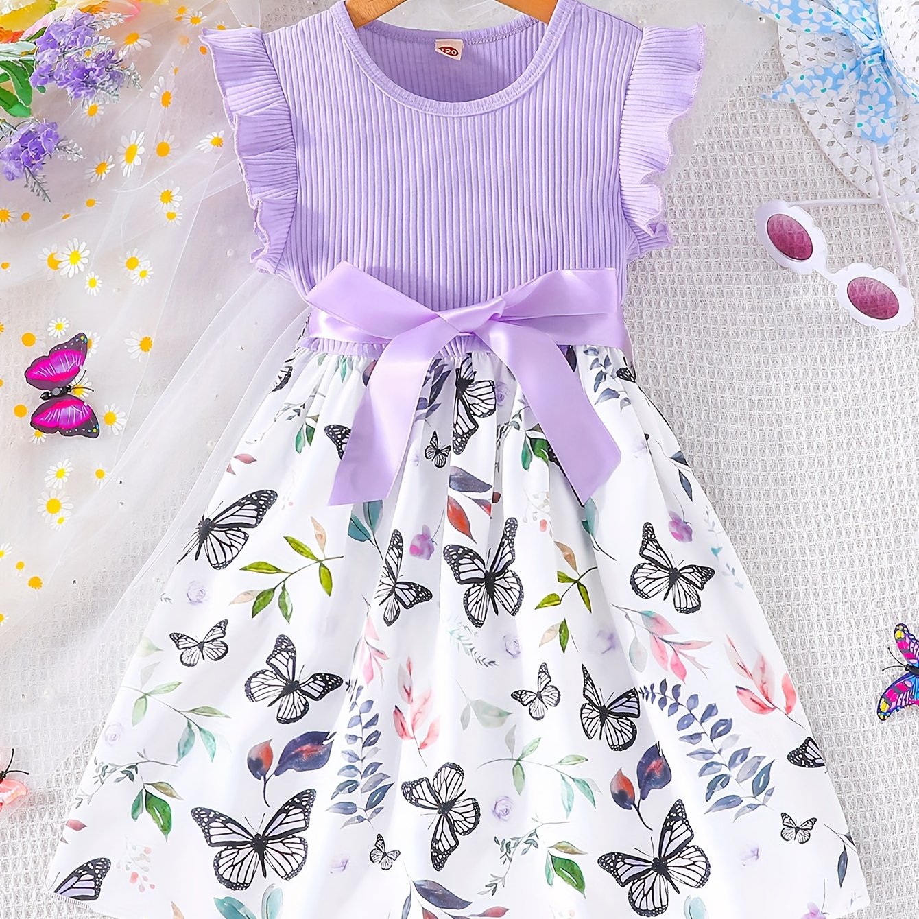 Girls Light Blue Ribbed Cotton Dress with Butterfly Floral Print Flutter Sleeves Belt Summer Casual