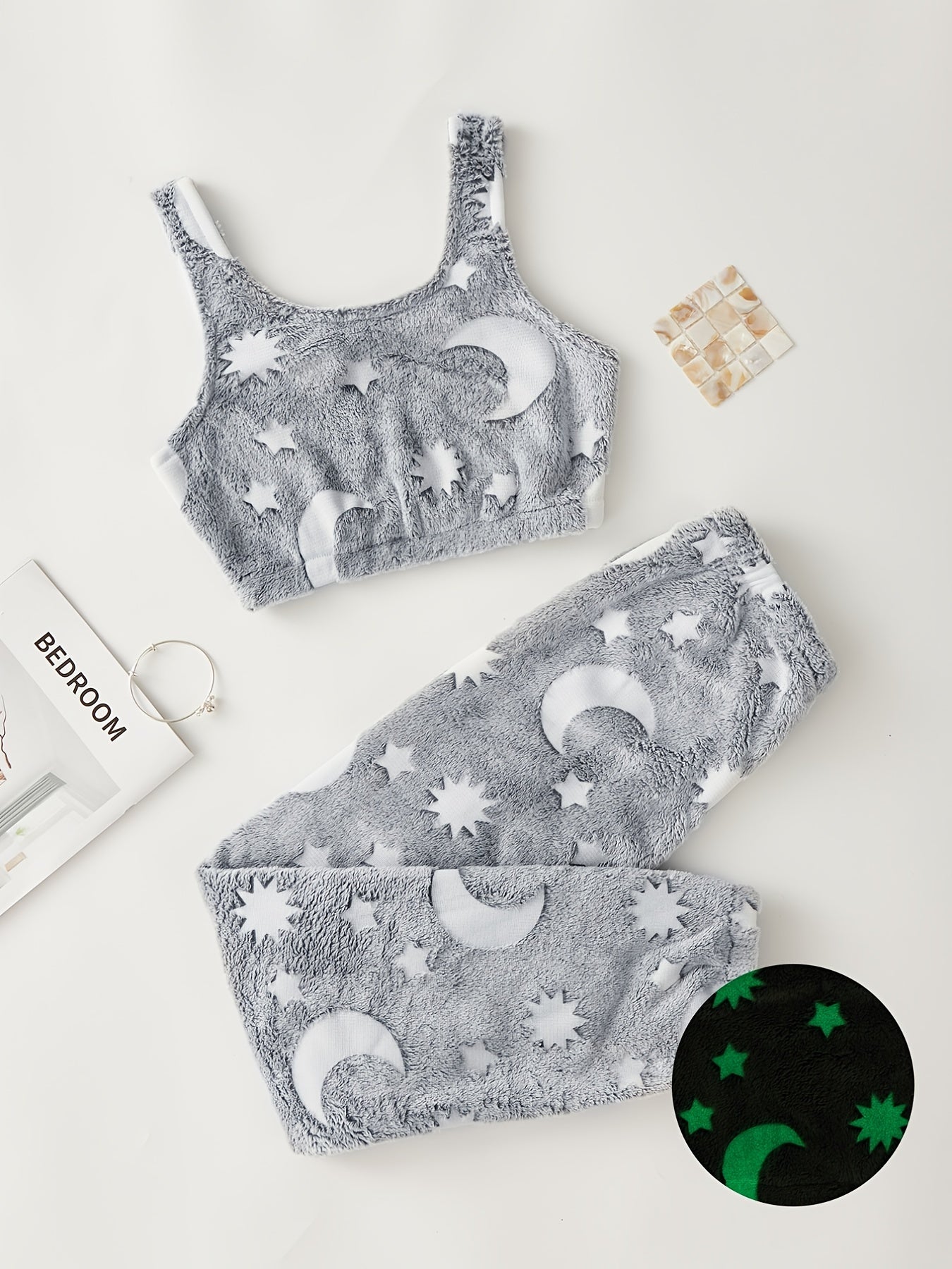 Adult Galaxy Star Print Luminous Flannel Pajama Set with Pants