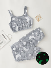 Adult Galaxy Star Print Luminous Flannel Pajama Set with Pants