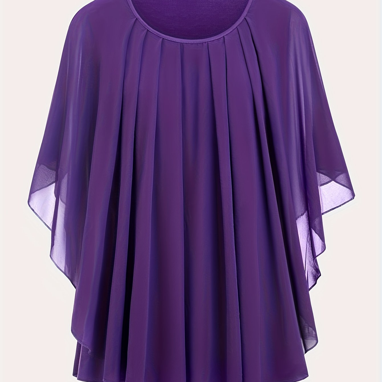 Plus Size Solid Pleated Batwing Sleeve Blouse with Crew Neck for Spring and Summer