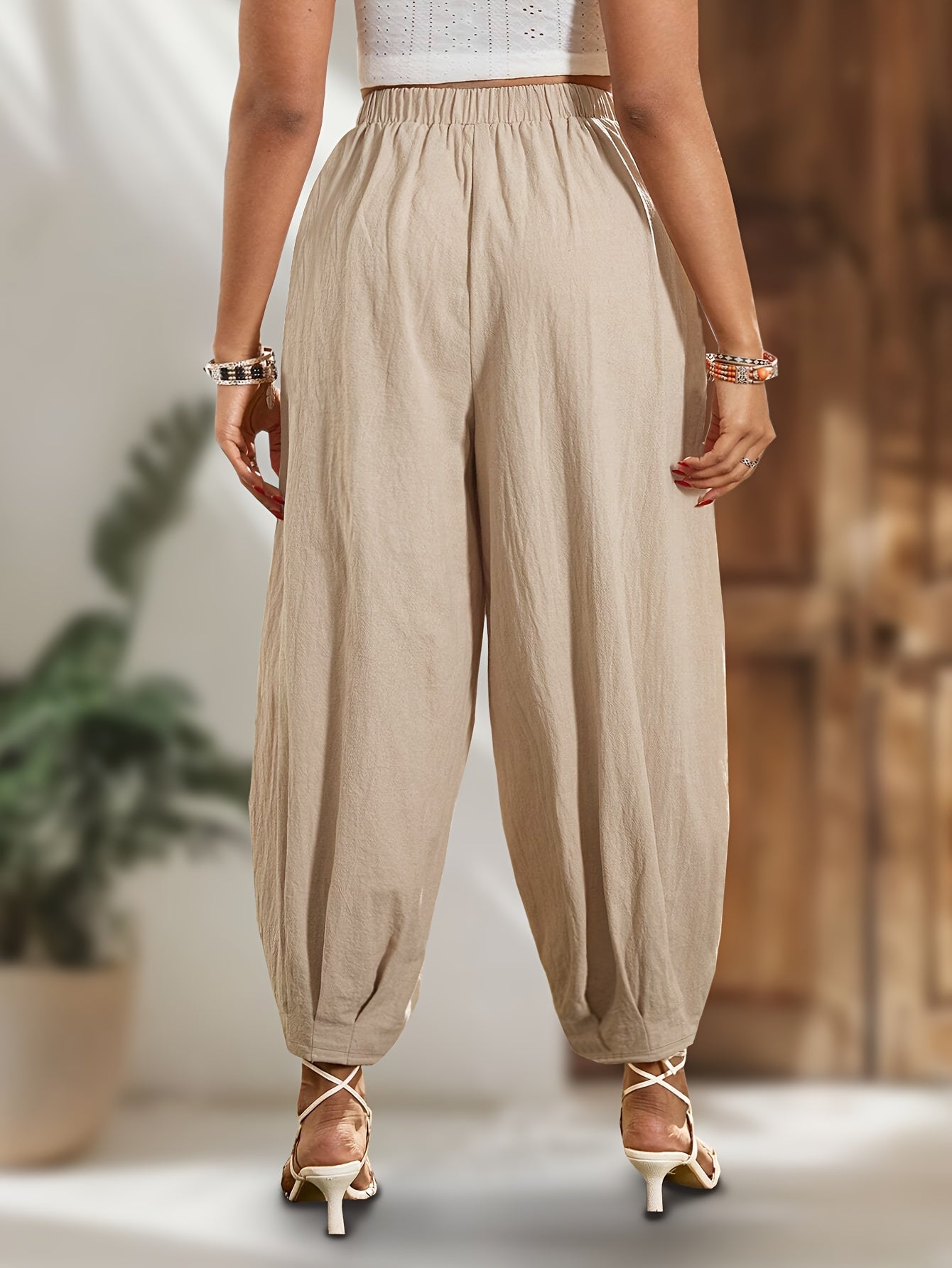 Plus Size Tapered Cotton Pants Pleated Button Hem Ladies' Fashion