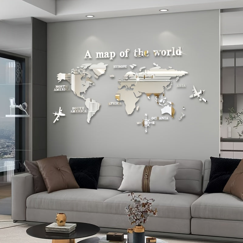 Bohemian Acrylic Wall Decor Map of the World with Airplane and Compass Rose 1mm Thick Adhesive Backing for Classroom Office Bedroom Living Room