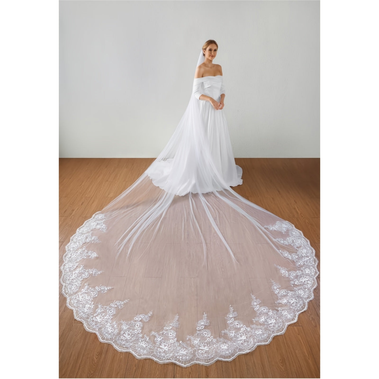 Velo de novia de encaje con lentejuelas y longitud de catedral, accesorio de boda de hilo de nylon