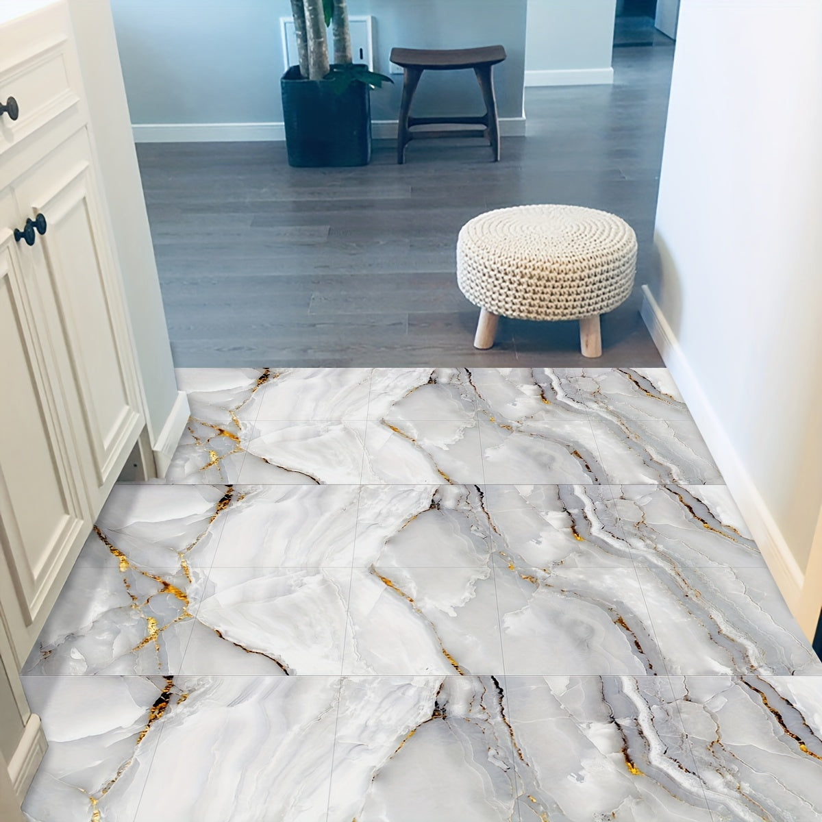 Waterproof Marble Pattern PVC Floor Stickers for Kitchen Decor, 10 Pieces