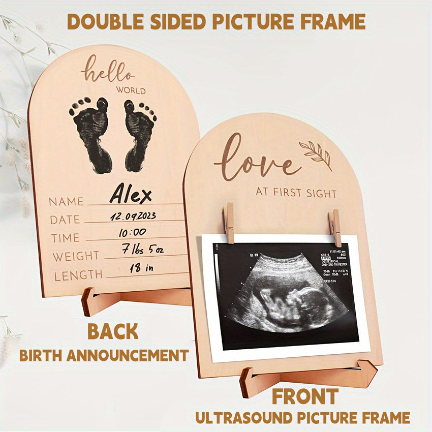 Wooden Ultrasound Photo Frame with Sign and Ink Pad for New Parents Light Yellow