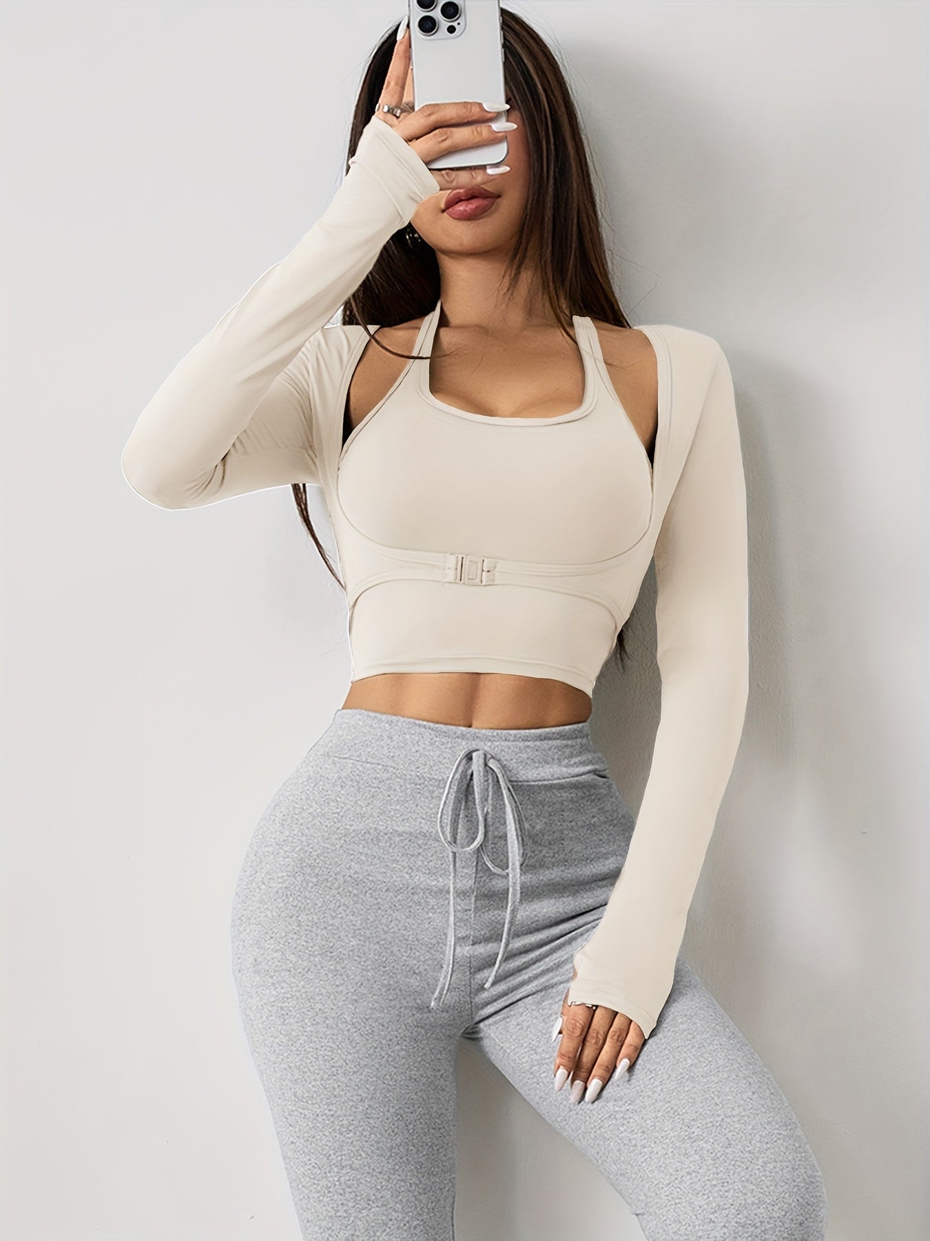 Ayollar uchun uzun qo'lqonli yoga bluzkasi, ichki brassiz, kuz va qish mavsumi uchun tikuvsiz sport crop top.