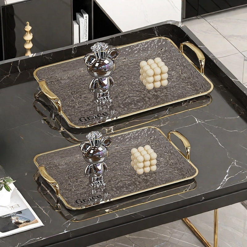 Golden Rimmed Rectangular Serving Trays Set Large Transparent Plastic with Handles for Fruits Snacks Pastries