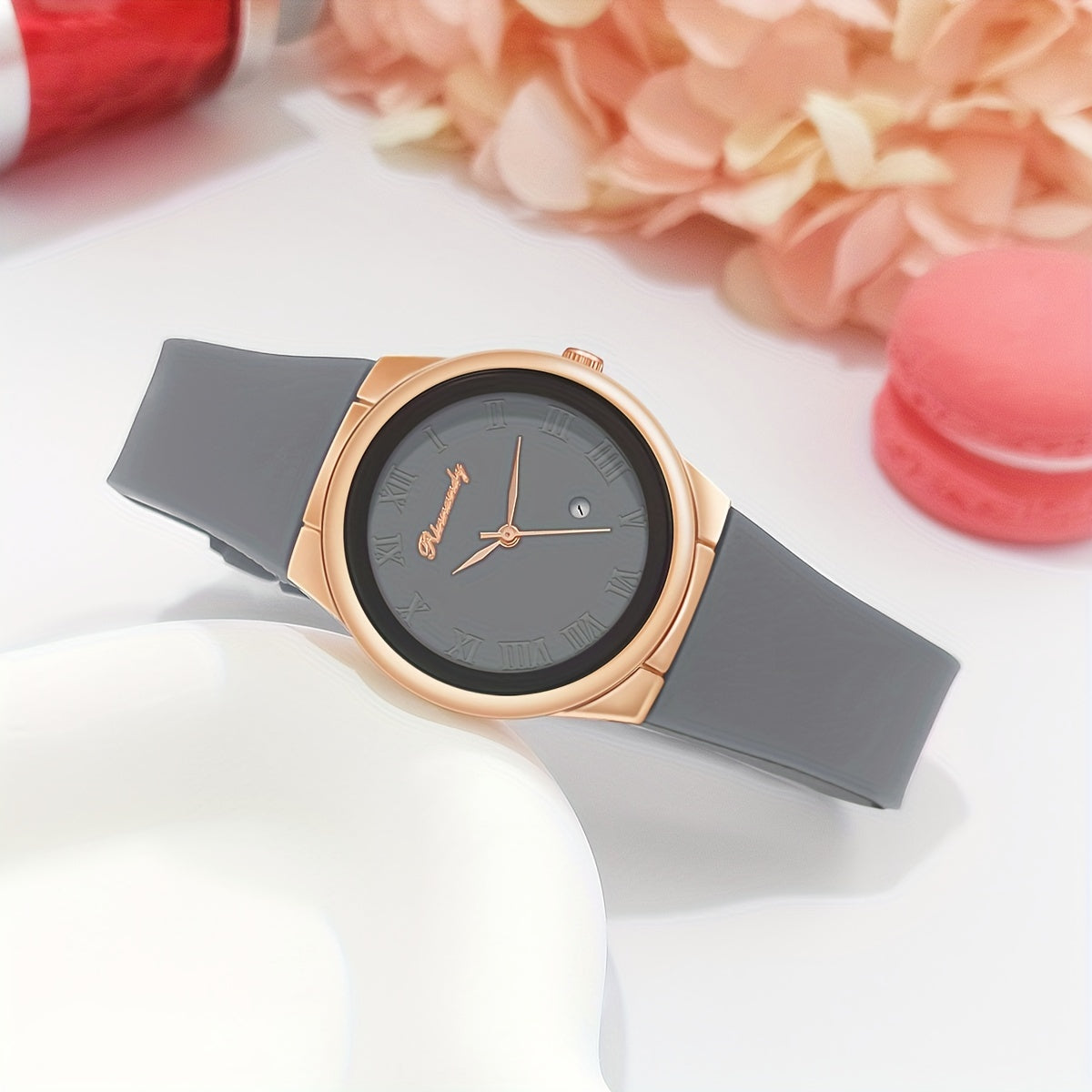 Women Quartz Watch with Silicone Band and Analog Calendar