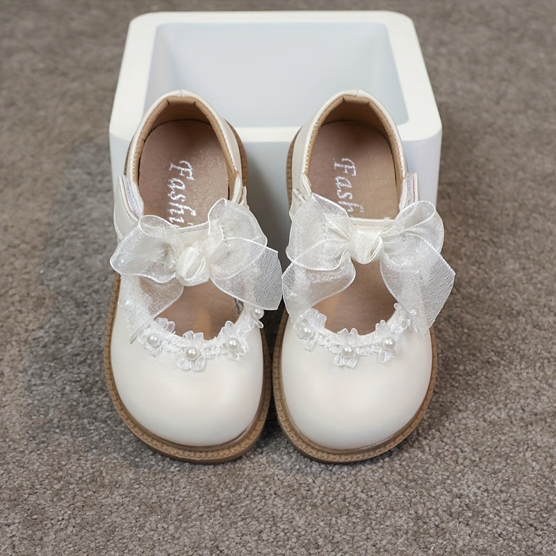 Girls' Princess Shoes with Bead Design Net Lace Bow for Parties and Daily Wear