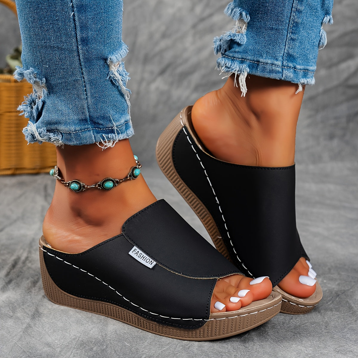 Ayollar uchun kengaytirilgan sandallar, ko'p rangli PU, bosib o'tiladigan, ochiq barmoqli, platformali, yuqori tagli oyoq kiyim