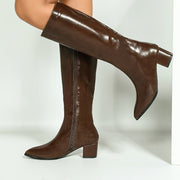 Women's Faux Leather Side Zipper Chunky Heel Long Boots Casual Motorcycle Riding Warm Shoes