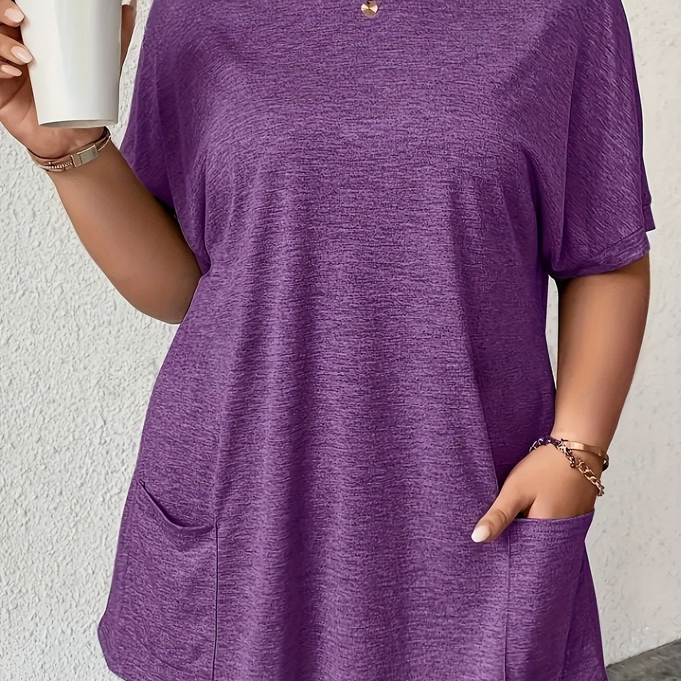 Plus Size Women's Batwing Sleeve T-Shirt with Pockets Black Summer Top