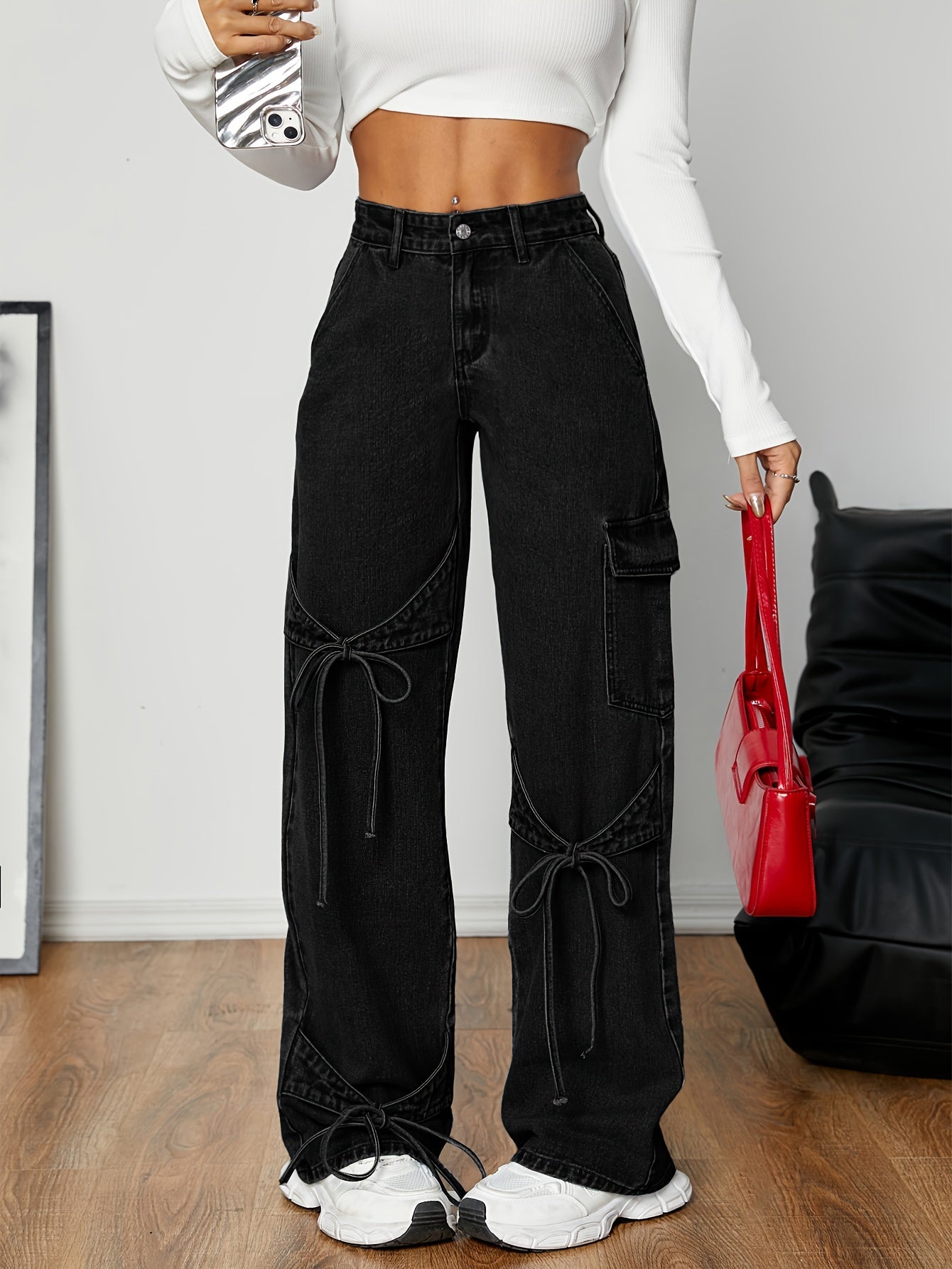 Women's Black Cargo Jeans Wide Leg Bow Tie Non-Stretch Rayon Spring Fall
