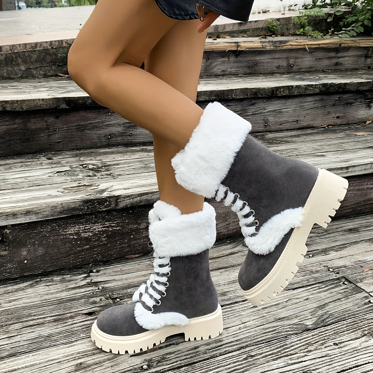 Women's Fleece-Lined Winter Snow Boots Mid-Calf Lace-Up Faux Fur Black Brown