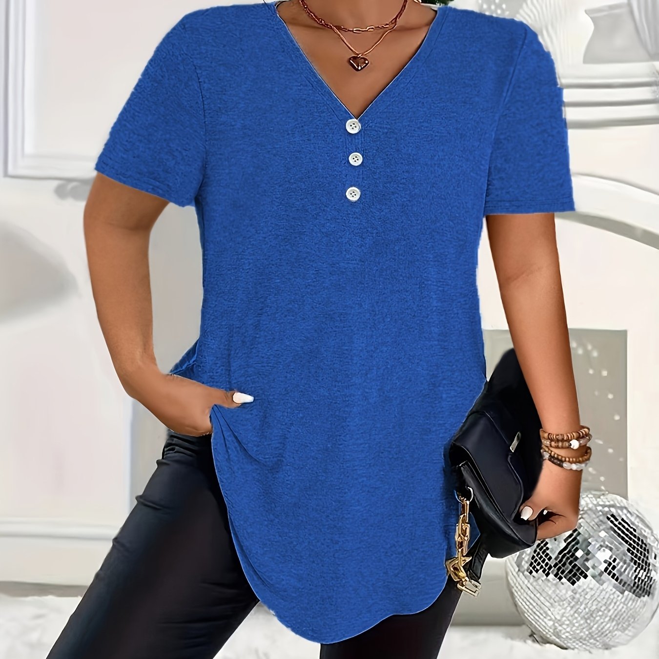 Plus o'lcham ayollar uchun bir rangli qisqa sleeve ko'ylagi elegant elegant bluz