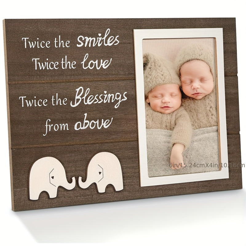Twin Wooden Photo Frame with Elephant Design for Twins Keepsake