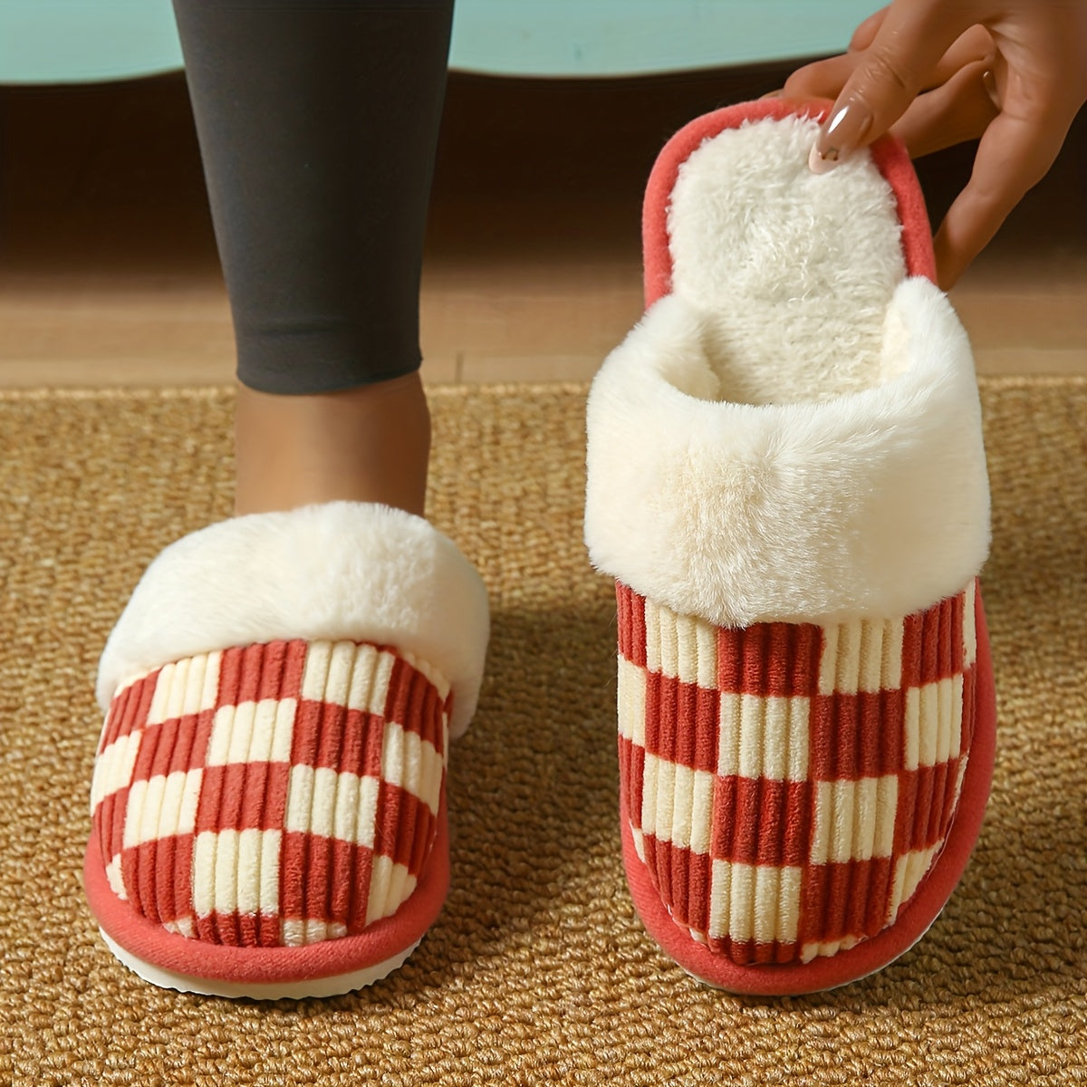 Women's Plush Striped Slippers Pink and White Checkered Indoor Shoes