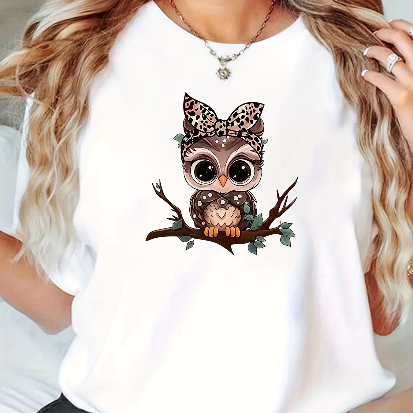 Plus Size Women's Cotton Short Sleeve T-Shirt Cute Owl Leopard Print Casual Top