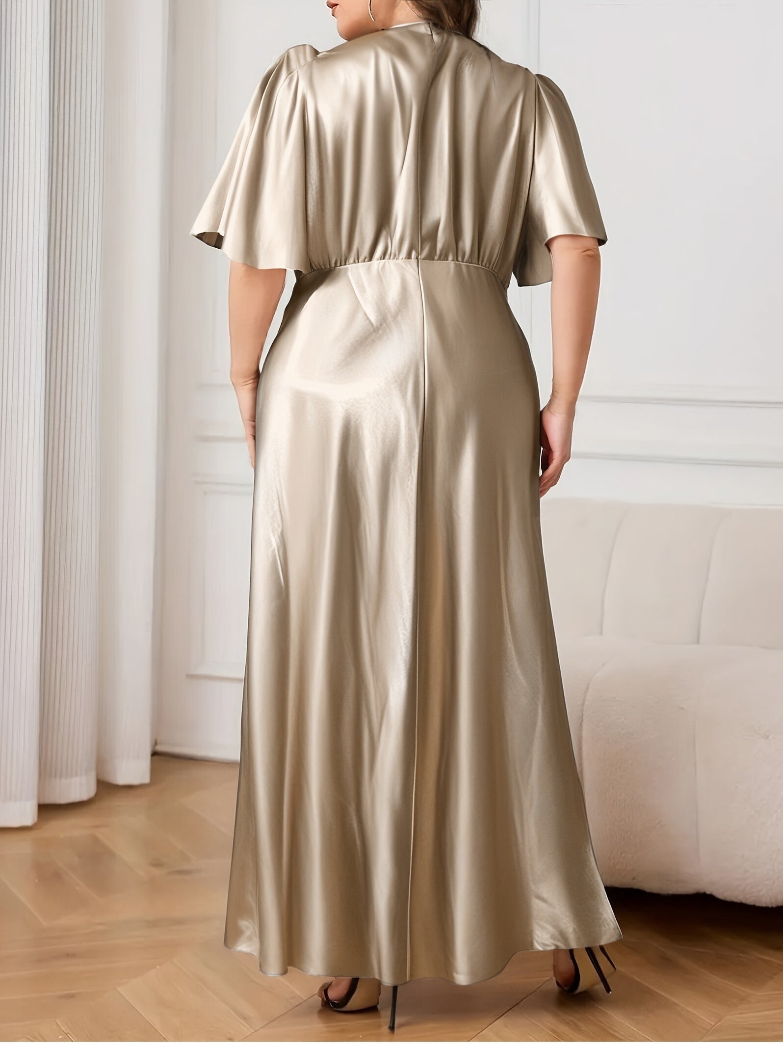 Plus Size Satin Ruffle Sleeve Dress for Weddings and Formal Events