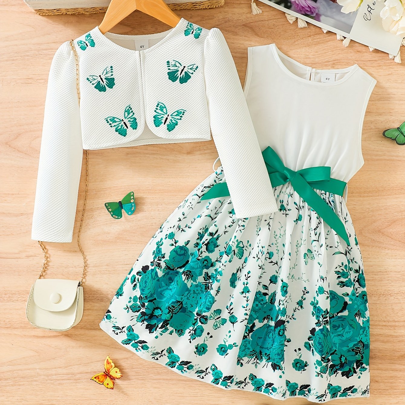 Girls Butterfly Casual Two-Piece Dress Set with Midi Length and Belt