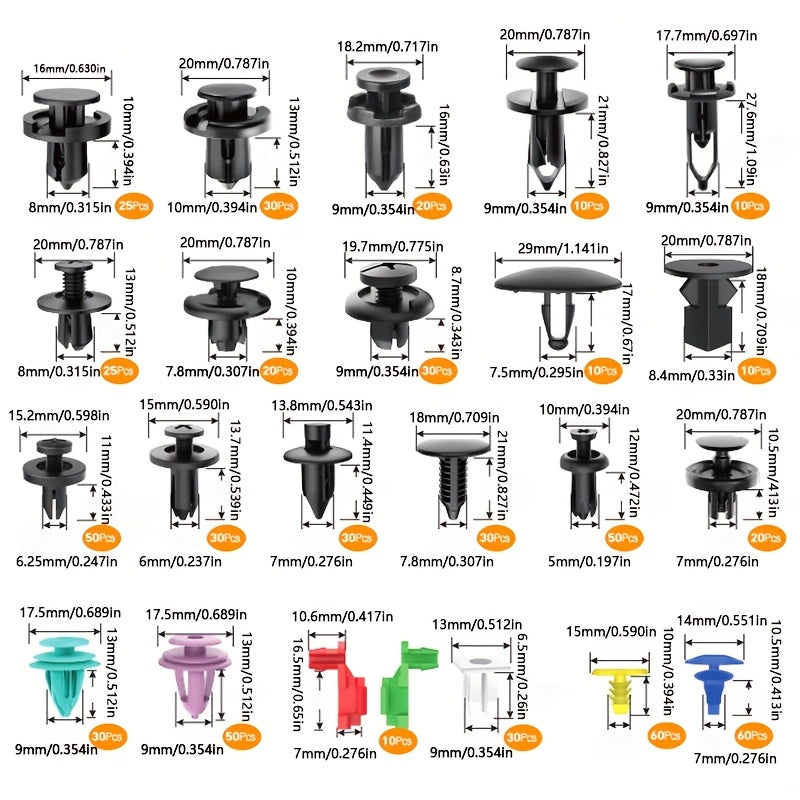 Avtomobil qisqichlari to'plami, nylonga yopishtiriladigan bumpers, rivetlar, loyqa qoplamalar, kabellarni bog'lash uchun