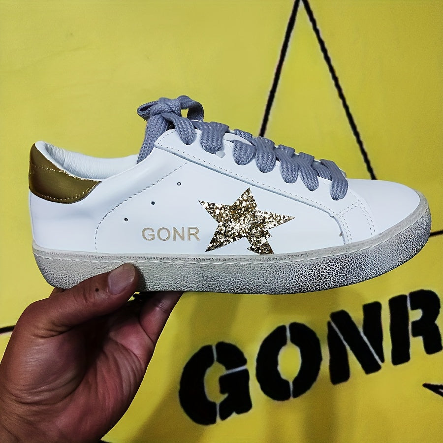 Unisex Vintage Star-Embellished Leather Sneakers with Sequin Accents
