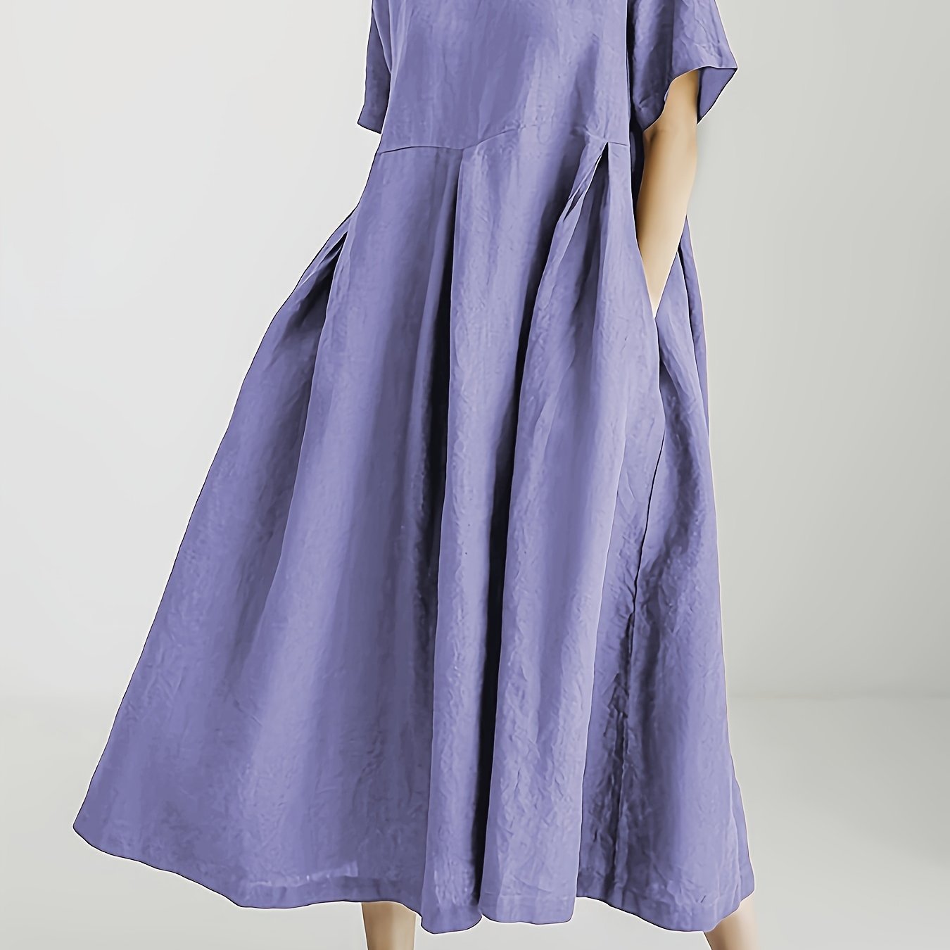 Women's Linen Blend Midi Dress with Oversized Flowy Skirt Short Sleeve Spring Summer