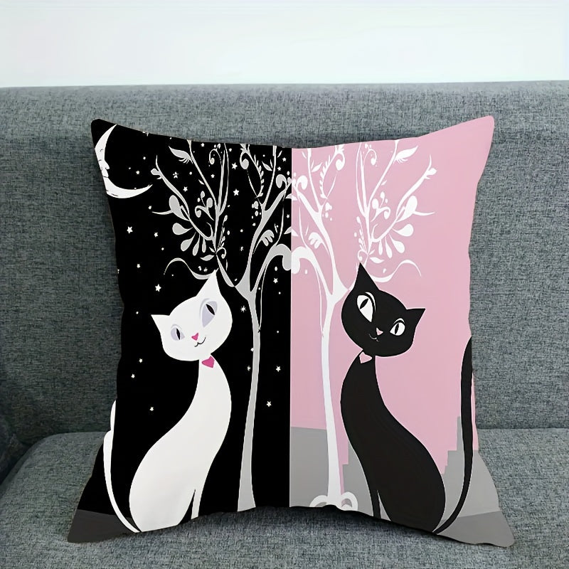 Black and White Short Plush Cat Pillowcase 45.72x45.72 cm Zipper Closure Single-Sided Printed for Home Sofa Bedroom Decor