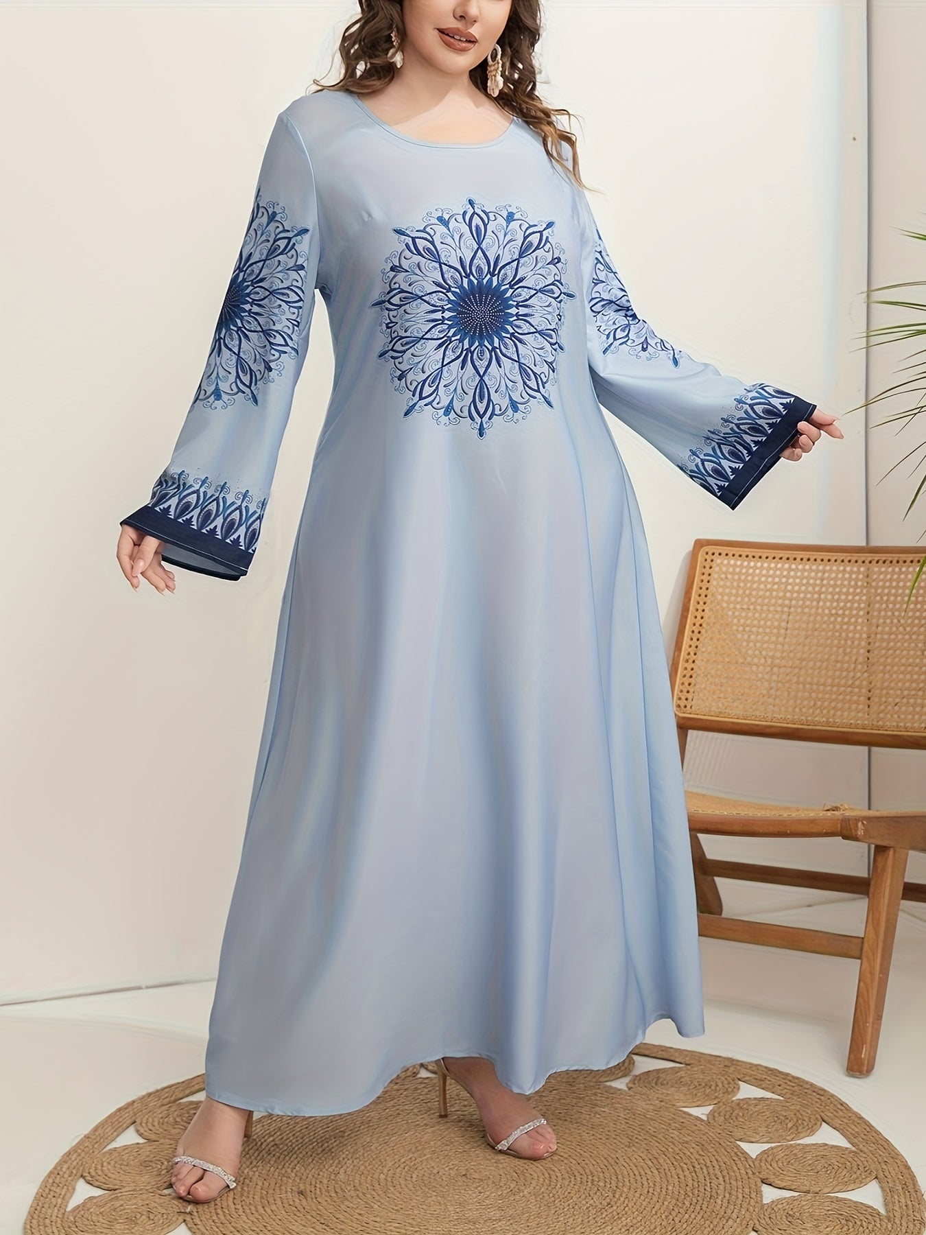 Women's Blue Floral Print Loose Fit Long Sleeve Dress All-Season Casual