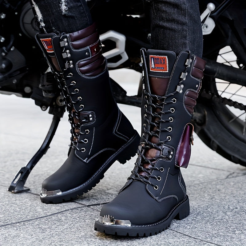 Men's High-Top Leather Motorcycle Boots with Non-Slip Soles for Outdoor and Casual Wear