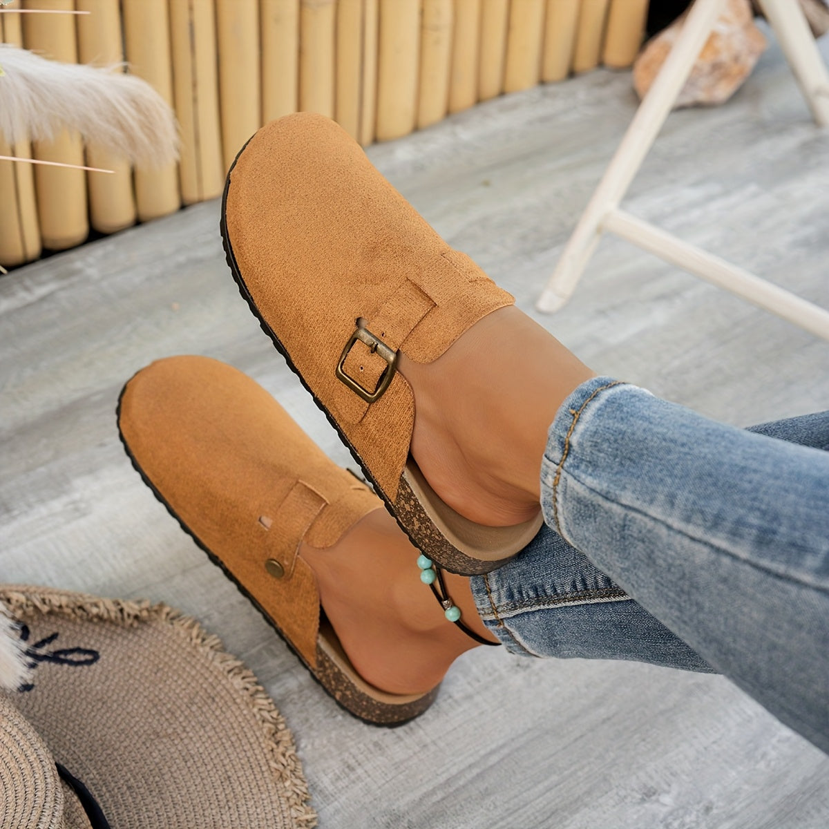 Women TPU Mule Shoes with Golden Chain Ankle Strap Beige Open-Toe Platform