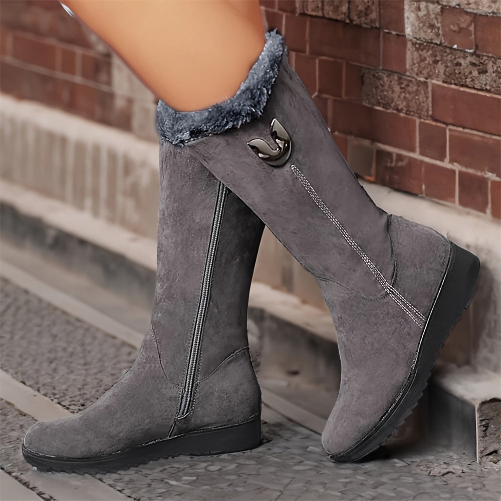 Women's Fleece-Lined Mid-Calf Winter Ankle Boots Flat Sole