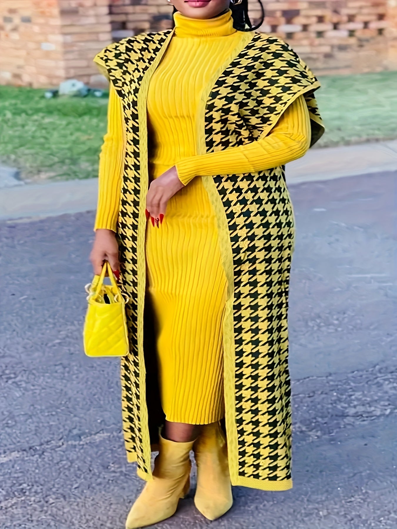 Plus Size Women's Houndstooth Color-Block Sleeveless Cardigan Casual Sweater