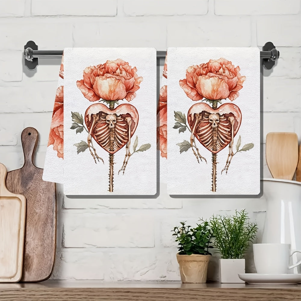 Set of 2 Ultra Soft Kitchen Towels Valentine’s Skeleton Heart Floral Absorbent