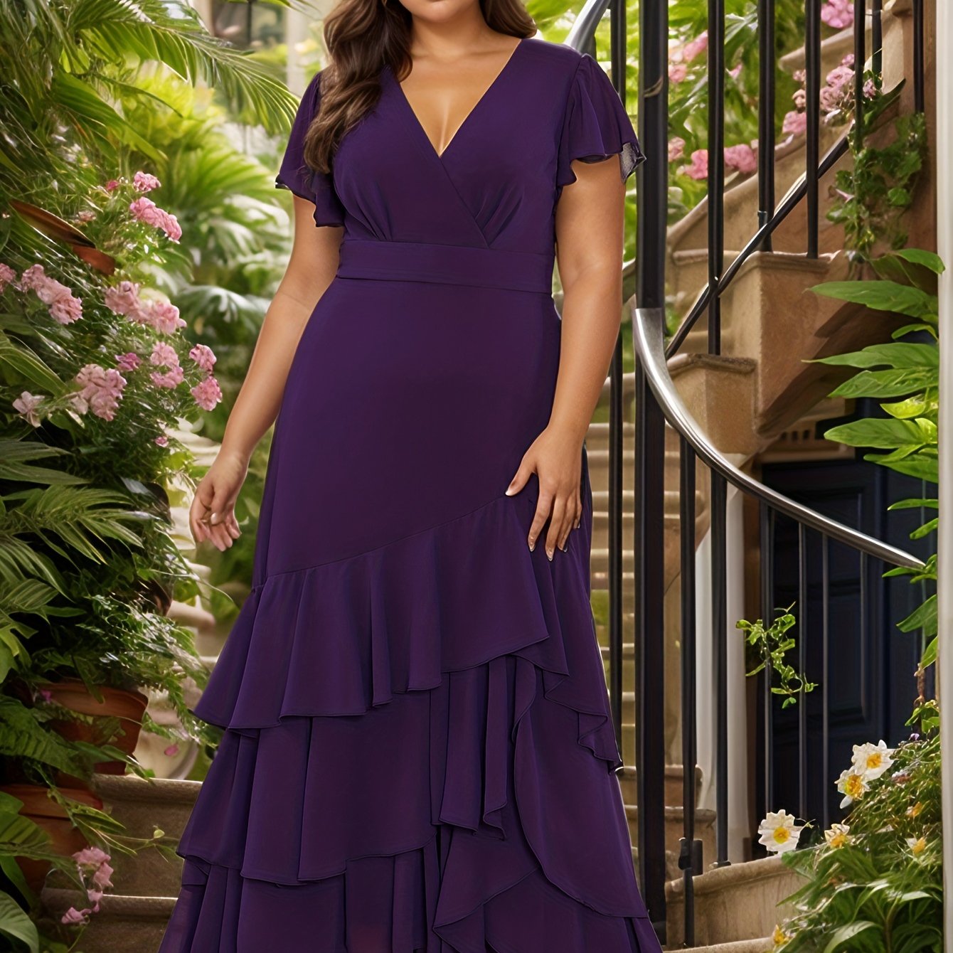 Vestido de talla grande con volante en el dobladillo, línea larga, manga flutter, para fiesta y glamour