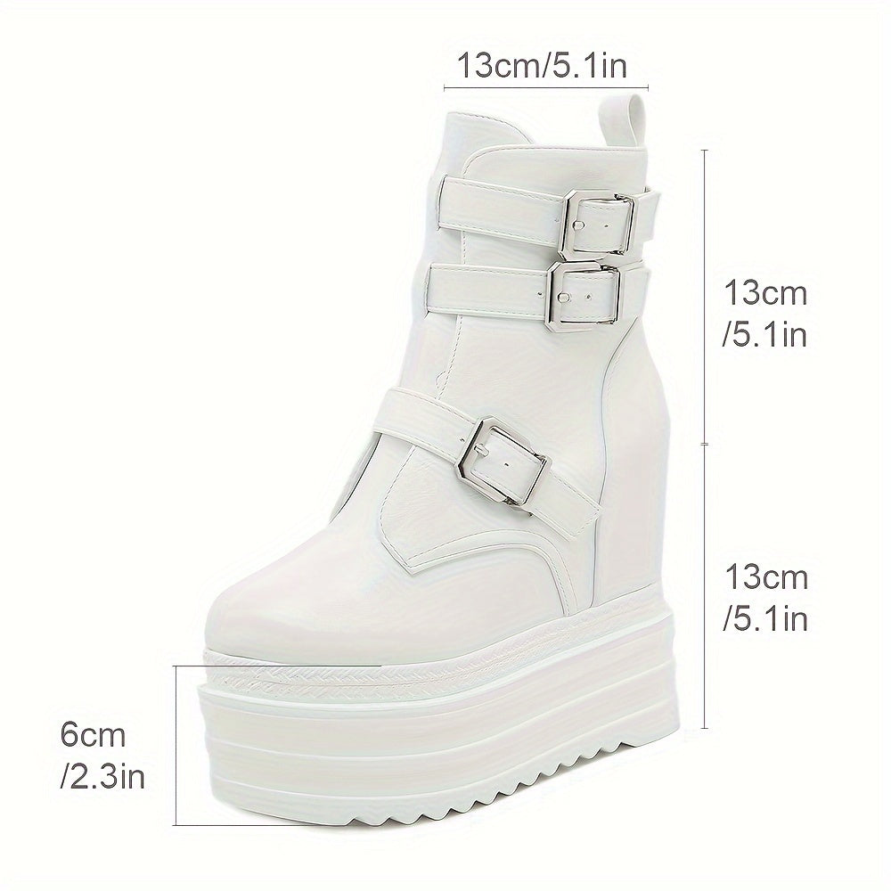 Women's Punk-Inspired Platform Ankle Boots with Buckle Zipper Black White