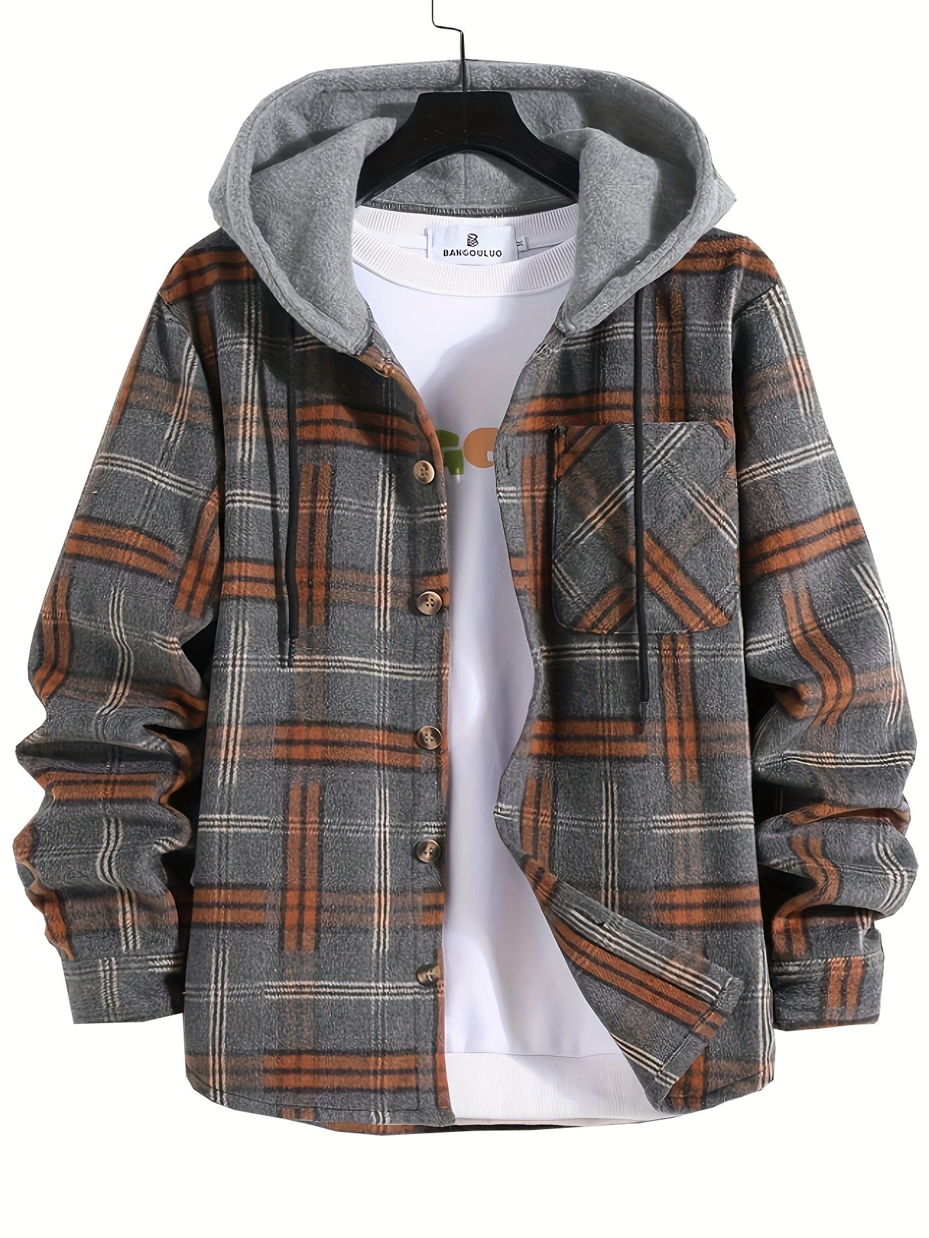 Chaqueta de manga larga con capucha y estampado de cuadros para hombre, ropa exterior casual y cálida para otoño