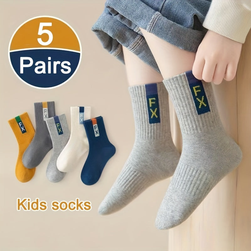 Conjunto de 5 calcetines de color sólido para niños, de temporada completa, hasta la rodilla, de poliéster y elastano