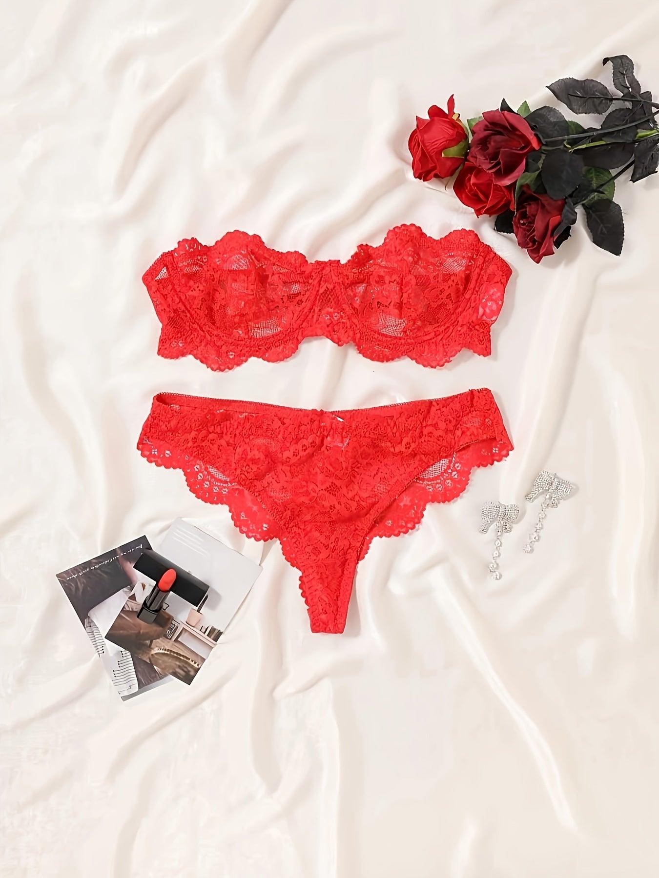 Conjunto de ropa interior de encaje de malla transparente para mujer, lencería sexy