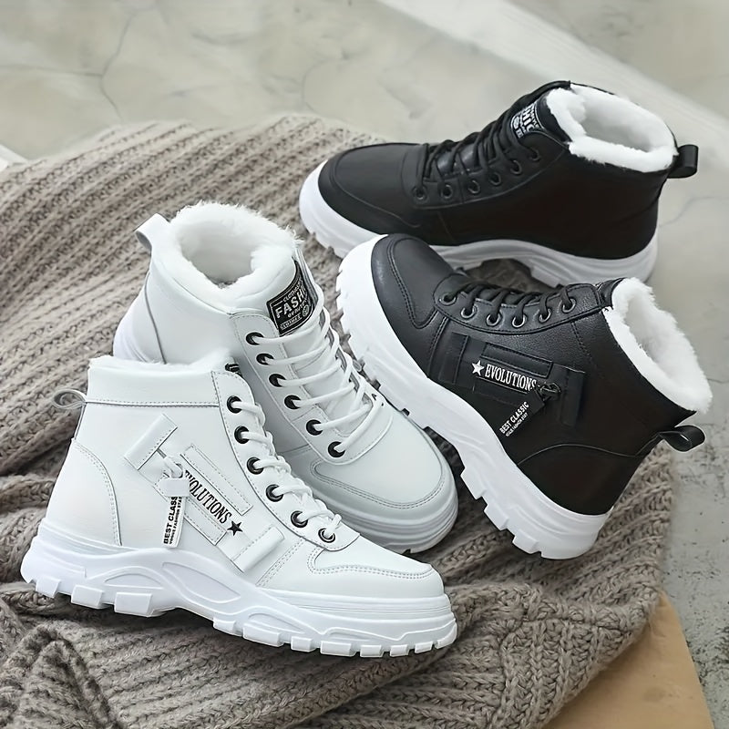 Women's Plush-Lined Platform Ankle Boots Winter Warm High-Top Sneakers Black/White