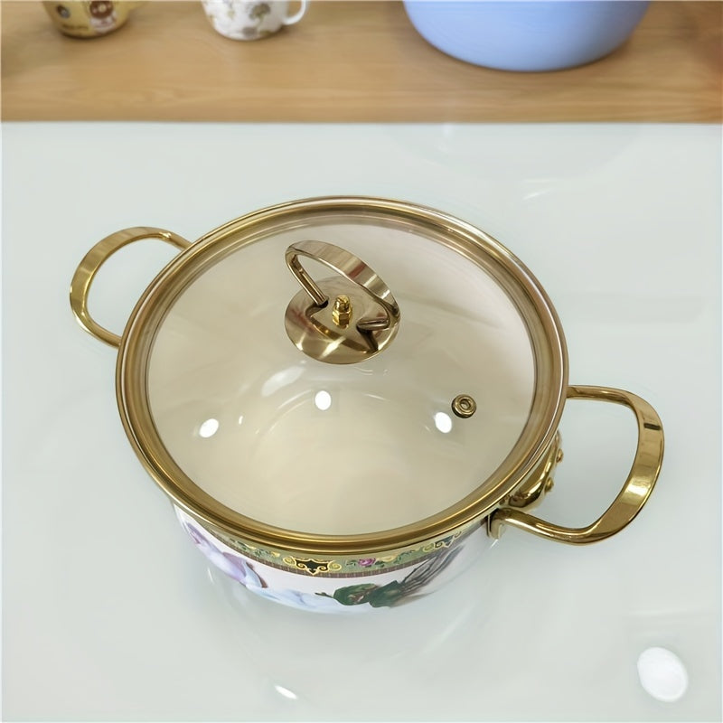 Enamel Stew Pot with Stainless Steel Handle and Transparent Cover for Gas and Electric Stoves