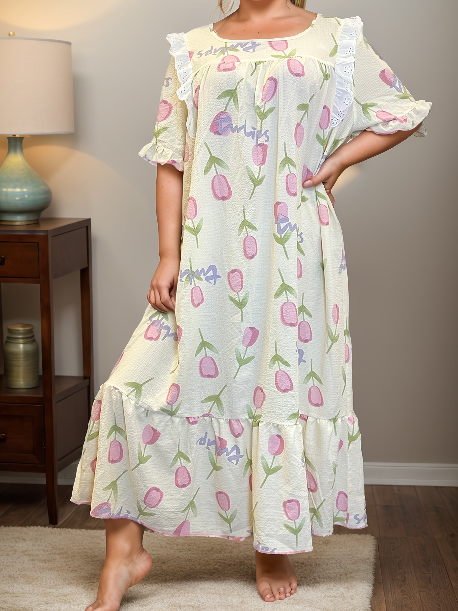 Plus Size Women's Sleep Dress with Tulip Print Bubble Sleeves Ruffle Hem