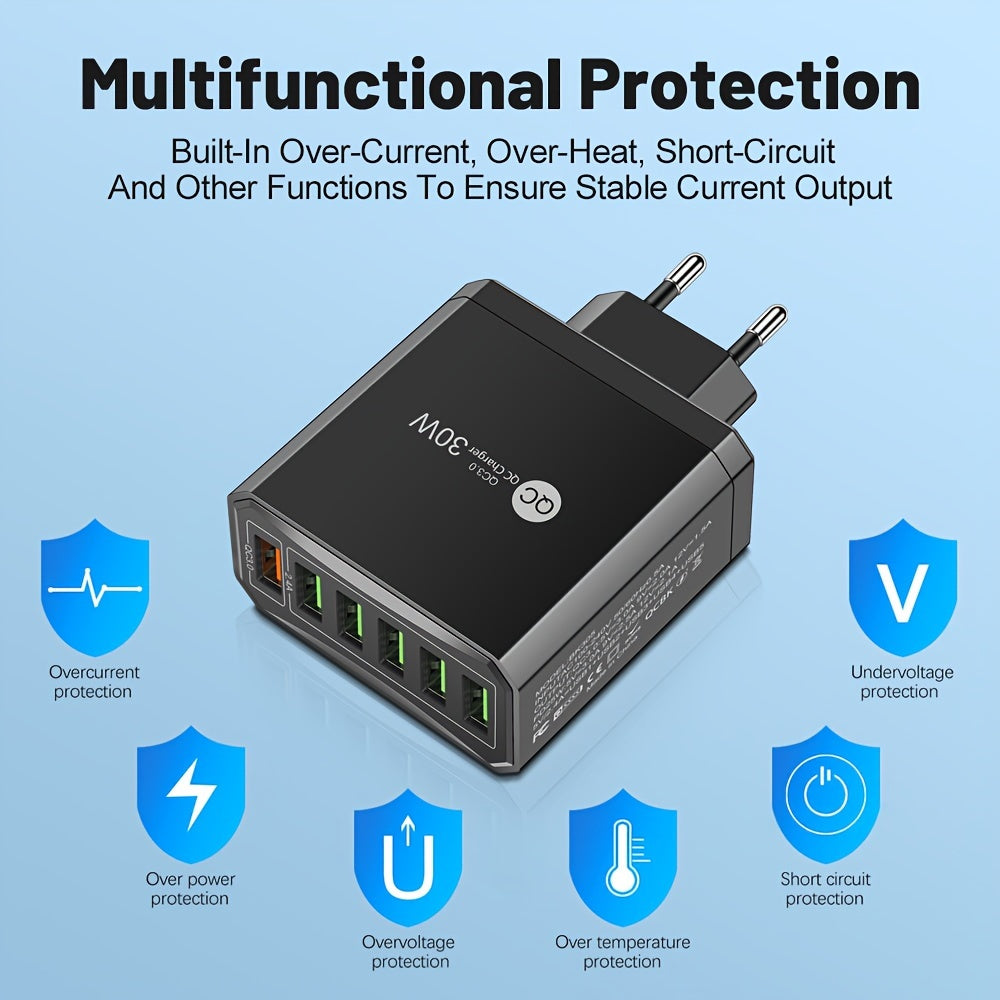 iPhone va Samsung uchun 30W 6-portli USB tez zaryadlovchi telefon zaryadkasi