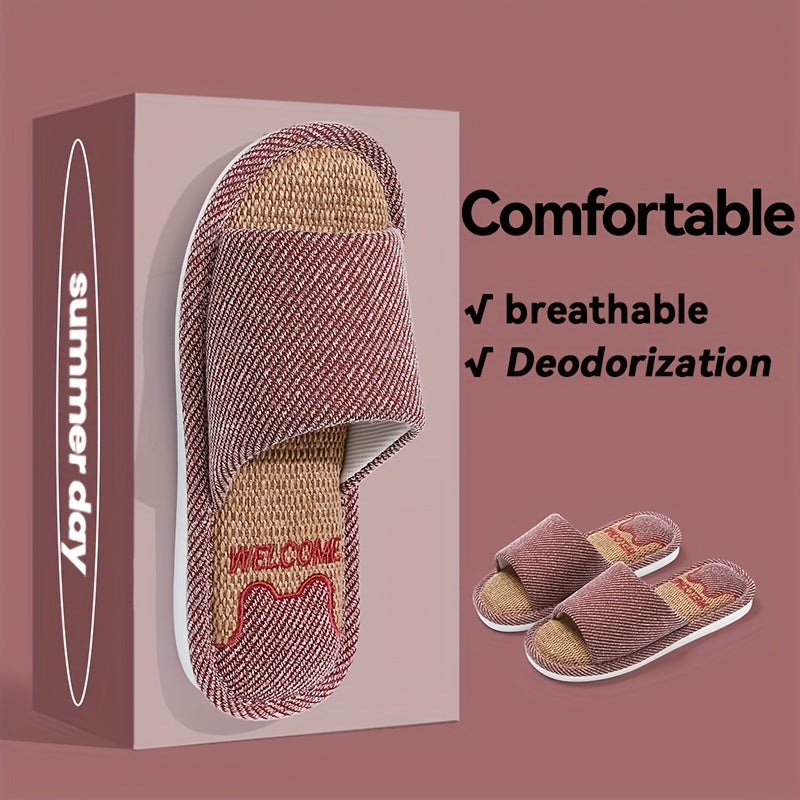 Женские льняные тапочки с мультяшным дизайном, дышащие, нескользящие, домашняя обувь