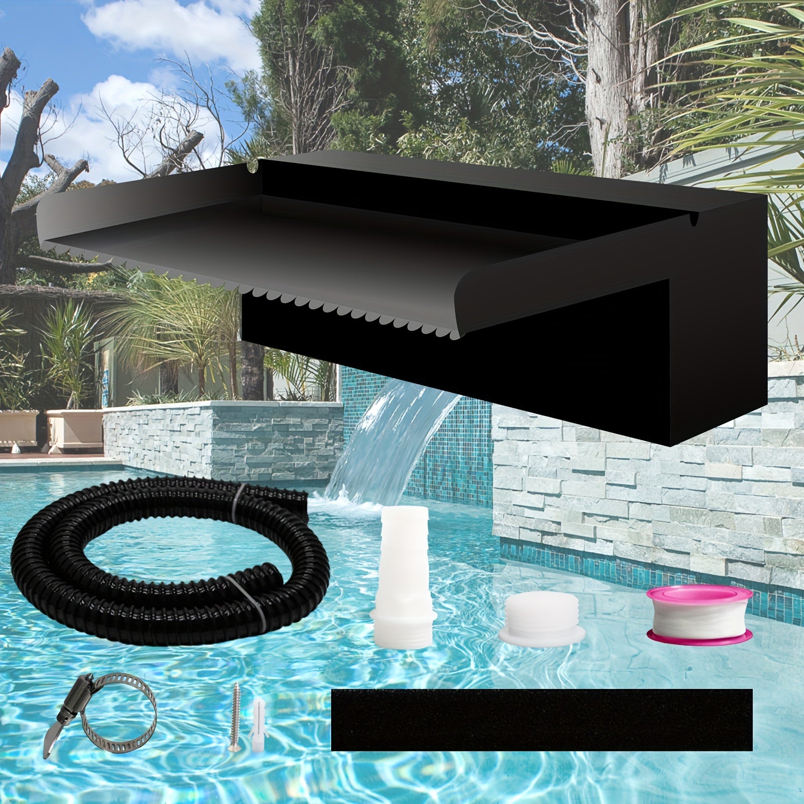 Kit de desagüe de cascada para estanque de acero inoxidable con acabado en polvo negro, manguera y accesorios